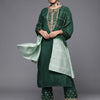 Dhiyona VR Women's Green Embroidered Kurta With Embroidered Trouser And Ombre Dupatta