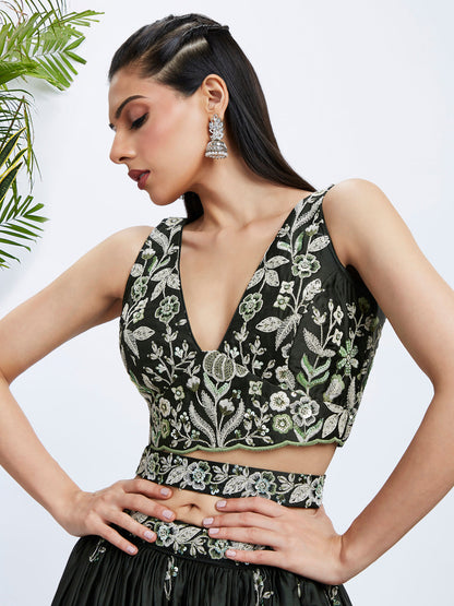 Women Olive Pure Georgette Sequins and thread embroidery  Lehenga choli & Dupatta