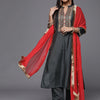 Dhiyona VR Women's Grey Embroidered Kurta Paired With Tonal Bottom And Contrast Dupatta