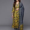 Dhiyona VR Women's Mustard Floral Printed Embellished Kurta With Bottom And Dupatta