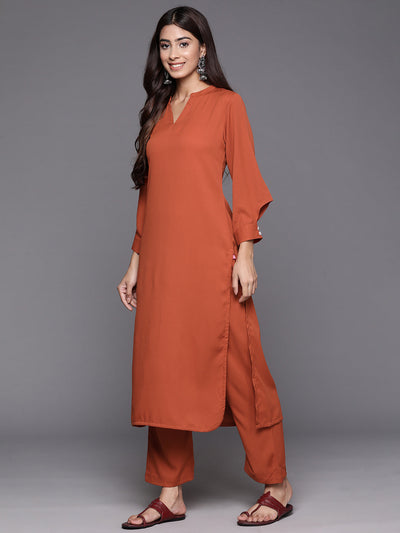 Indyancart VR Women's Rust Long Sleeves With Smart Cut Cuff, Straight Kurta Paired With Tonal Solid Bottom