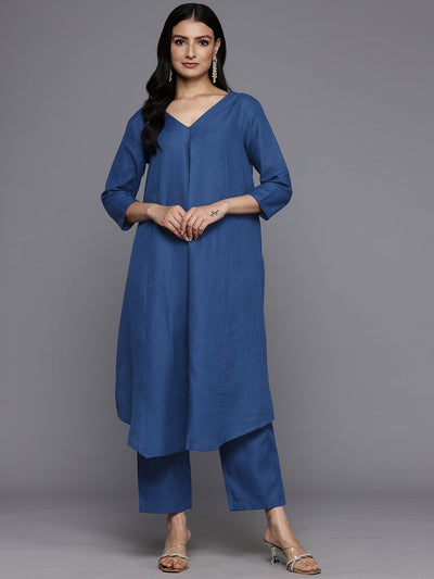 Indyancart VR Women's Blue Solid A-Line Kurta Paired With Tonal Bottom