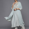 Dhiyona VR Women's Blue Mirror Work Yoke Embroidered Straight Kurta Paired With Tonal Bottom And Tonal Solid Dupatta With Four Side Fringes