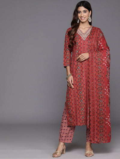 Indyancart VR Women's Red Printed V-Neck Embroidered Kurta With Bottom And Dupatta