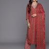 Dhiyona VR Women's Red Printed V-Neck Embroidered Kurta With Bottom And Dupatta