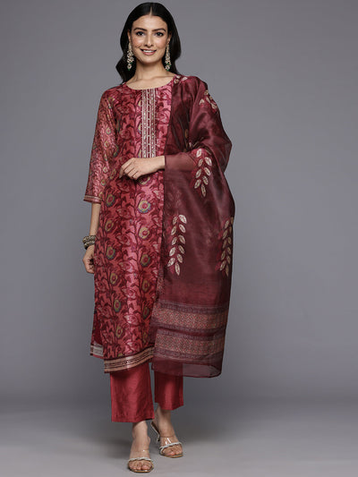 Indyancart VR Women's Maroon Floral Printed Kurta, Round Neck Straight Kurta Paired With Tonal Bottom And Printed Dupatta