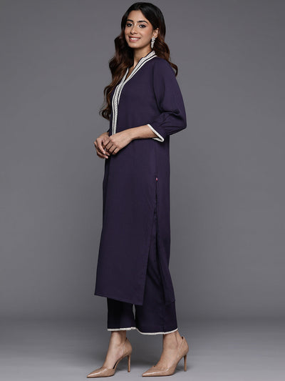 Indyancart VR Women's Navy Blue Cotton Lace Detailed Kurta Set
