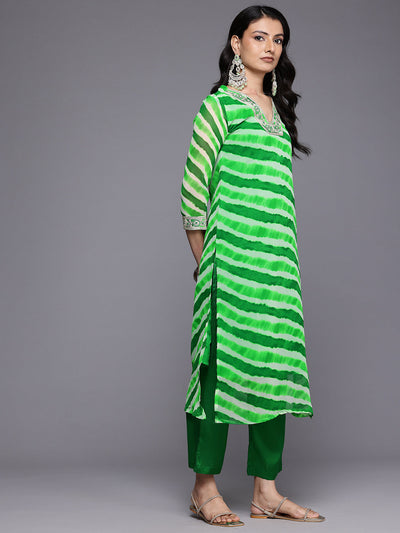 Indyancart VR Women's Green Leheriya Zari And Sequins Embroidered Kurta Set With Dupatta