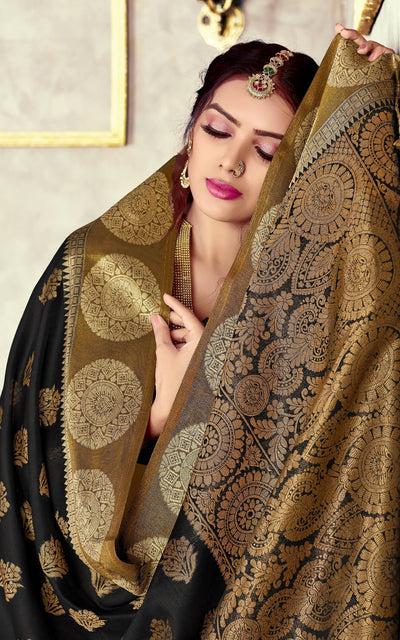 Indyancart GR Women's GJ Black Diamond Sable Black Zari Woven Design Cotton Blend Saree