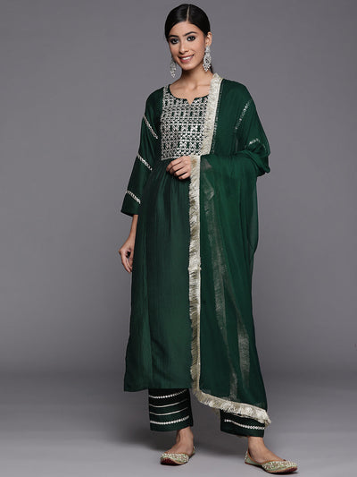 Indyancart VR Women's Varaanga Green Embroidered Kurta With Tonal Bottom And Tonal Chiffon Dupatta