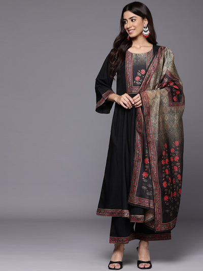 Indyancart VR Women's Black Floral Printed Embellished Anarkali Kurta Paired With Bottom And Printed Dupatta