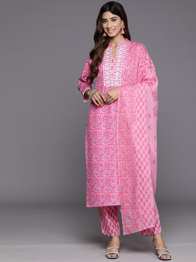 Indyancart VR Women's Pink Floral Printed Kurta Paired With Bottom & Dupatta