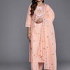 Dhiyona VR Women's Peach Thread And Sequins Embroidered Kurta With Tonal Bottom And Dupatta