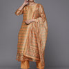 Dhiyona VR Women's Coral Printed, Straight Kurta Paired With Tonal Bottom And Printed Dupatta