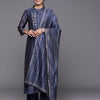 Dhiyona VR Women's Navy Blue Bandhani Printed Straight Kurta With Three Quarter Sleeves Paired With Tonal Bottom And Printed Dupatta