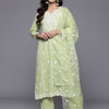Dhiyona VR Women's Sea Green Round Neck Heavy Thread Embroidered Kurta With Bottom & Dupatta
