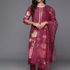 Dhiyona VR Women's Pure Muslin Maroon Floral Printed Kurta Paired With Tonal Bottom And Organza Dupatta