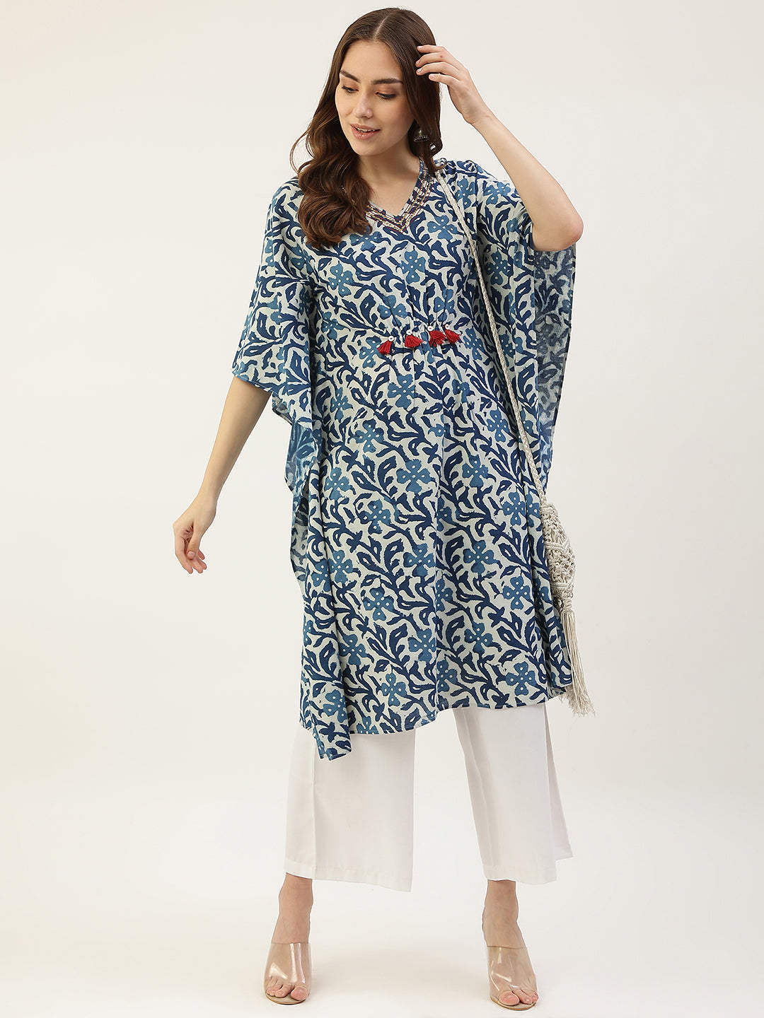 Women's Floral Printed Blue Cotton Kaftan