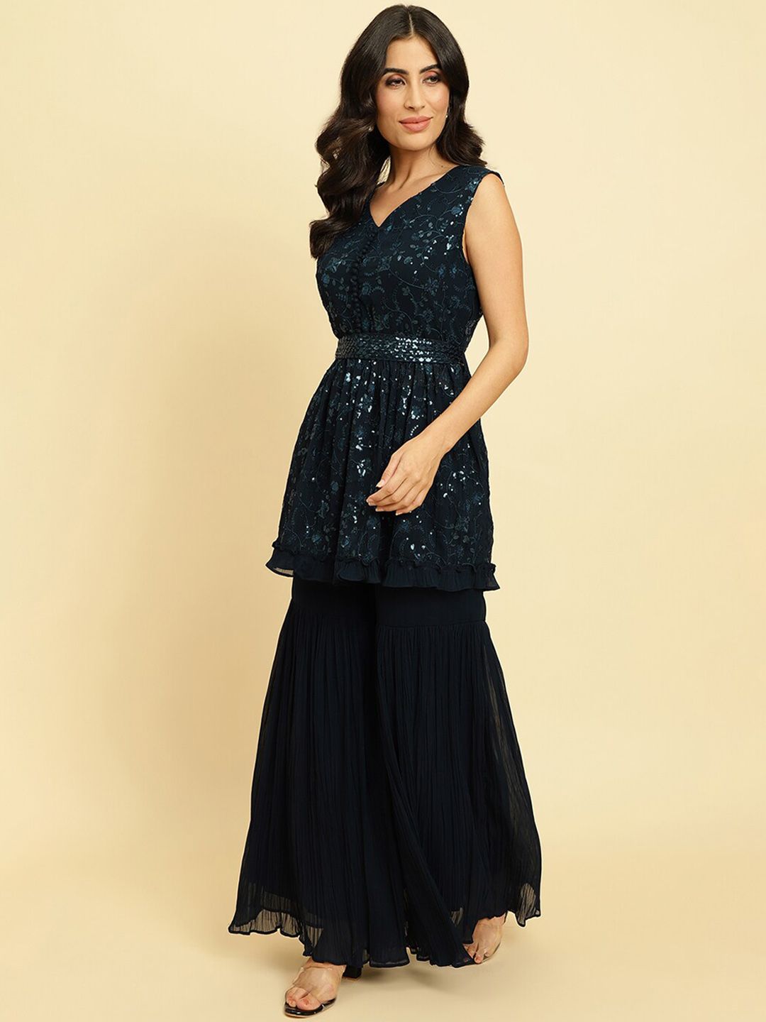 Indyancart VA Floral Embroidered Empire Sequinned Silk Georgette Kurta With Sharara & Dupatta