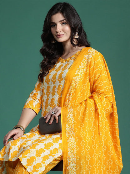 Indyancart IE Paisley Printed Pure Cotton Kurta with Trousers & With Dupatta