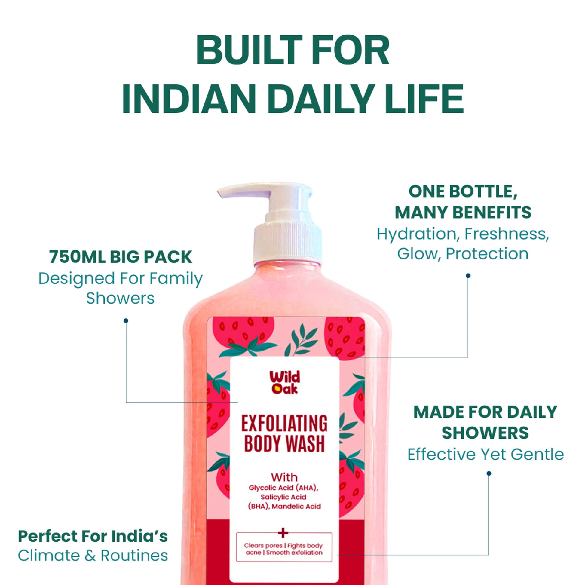 Wild Oak Exfoliating Body Acne, Smooths Bumps & Strawberry Skin Body Wash