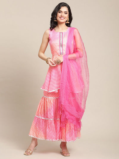 Indyancart VA Women's Pink Leheriya Printed Empire Kurti with Sharara & Dupatta