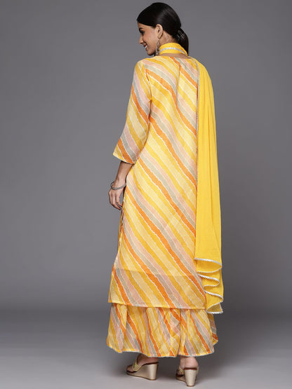 Indyancart VA Women's Yellow Leheriya Printed Gotta Patti Chanderi Cotton Kurta with Sharara & With Dupatta