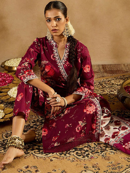Indyancart IE Floral Printed Angrakha Mirror Work Pure Cotton Kurta with Trousers & Dupatta