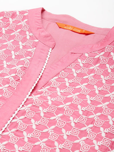 Indyancart IE Women Pink Ethnic Motifs Embroidered Regular Kurta with Palazzos