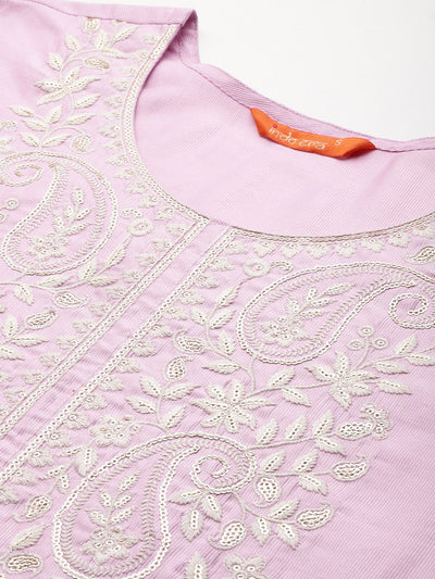 Indyancart IE Ethnic Motifs Embroidered Thread Work Liva Kurta with Trousers & Dupatta