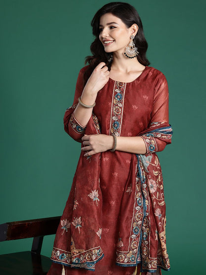 Indyancart IE Ethnic Motifs Embroidered Thread Work Chanderi Silk Kurta With Trousers & Dupatta