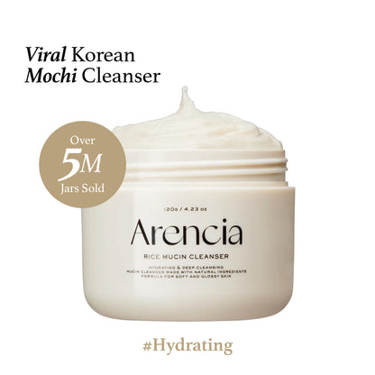 Arencia Rice Mucin Cleanser bottle with label, showing a clear, gentle facial cleanser with rice mucin for skincare.