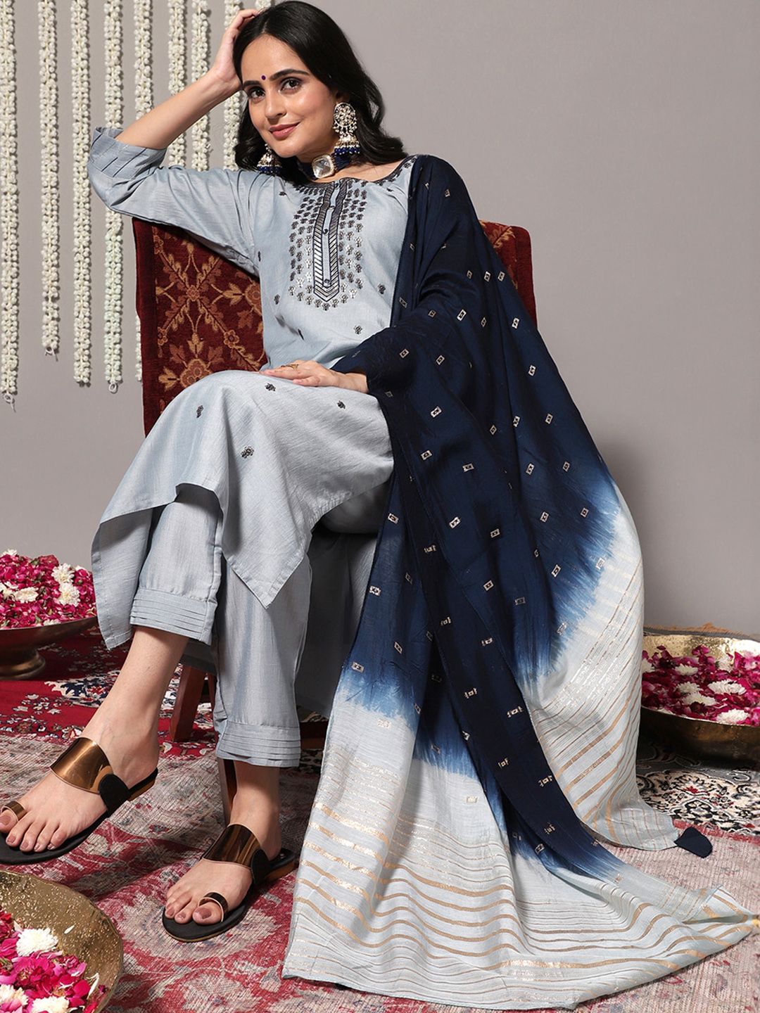 Indyancart VA Women'sBlue Ethnic Motifs Embroidered Kurta With Trousers & Dupatta
