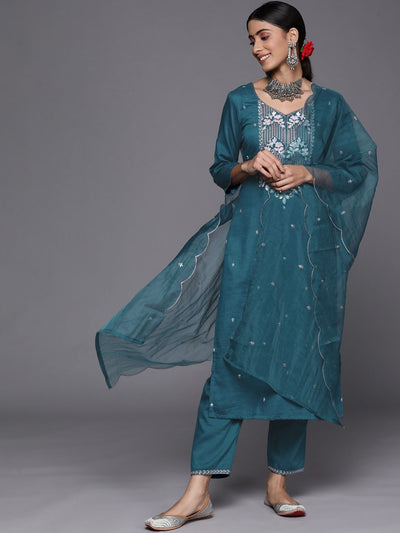 Indyancart VA Women's Teal Ethnic Motifs Embroidered Sequinned Kurta with Trousers & With Dupatta