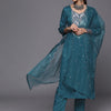Dhiyona VA Women's Teal Ethnic Motifs Embroidered Sequinned Kurta with Trousers & With Dupatta