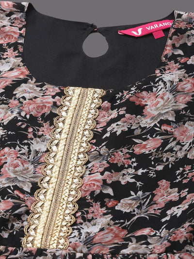Indyancart VA Women'sFloral Printed Pleated Gotta Patti Kurta with Sharara & Dupatta