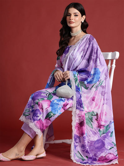 Dhiyona IE Floral Printed Thread Work Kurta with Trousers & Dupatta