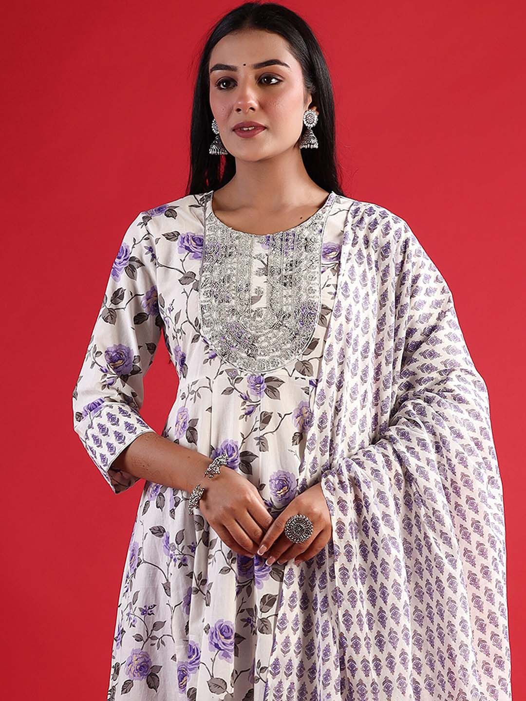 Dhiyona IE Floral Printed Thread Work Pure Cotton Kurta with Trouser & Dupatta