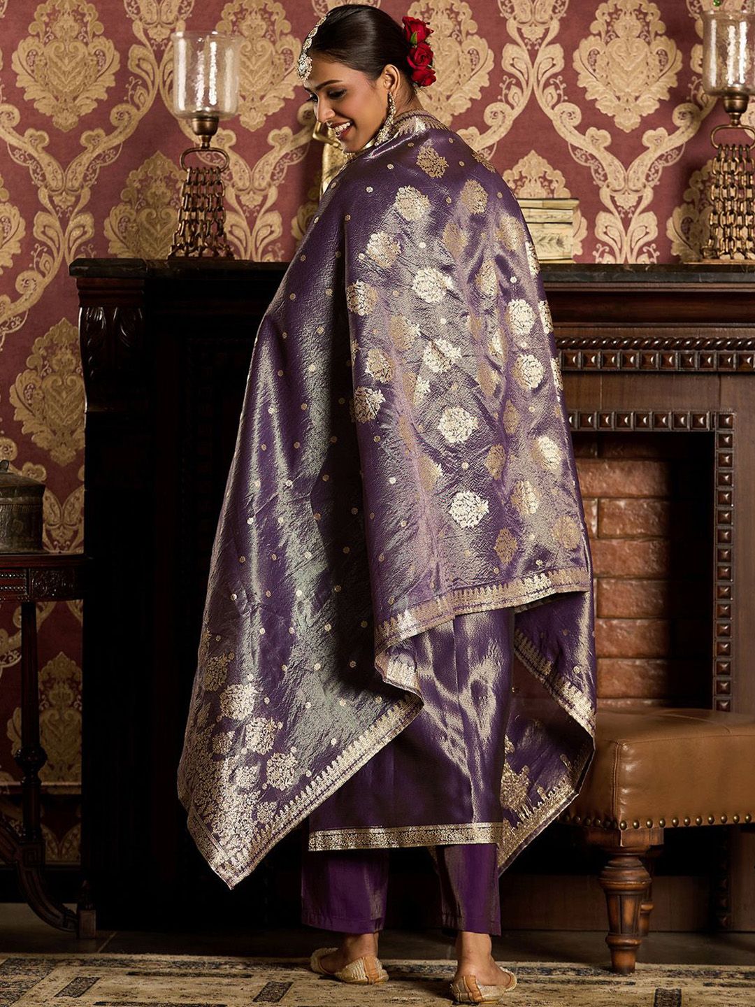 Ethnic Motifs Woven Design Zari Straight Kurta With Trousers & Dupatta