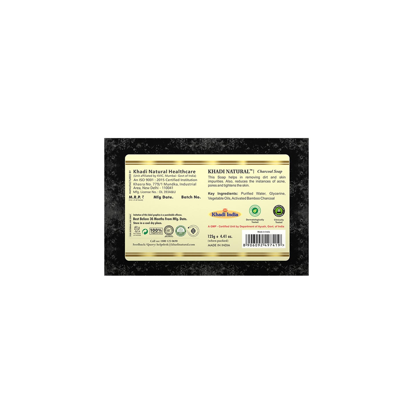 Khadi Natural Charcoal Handmade Soap Reduce Acne & Blackheads