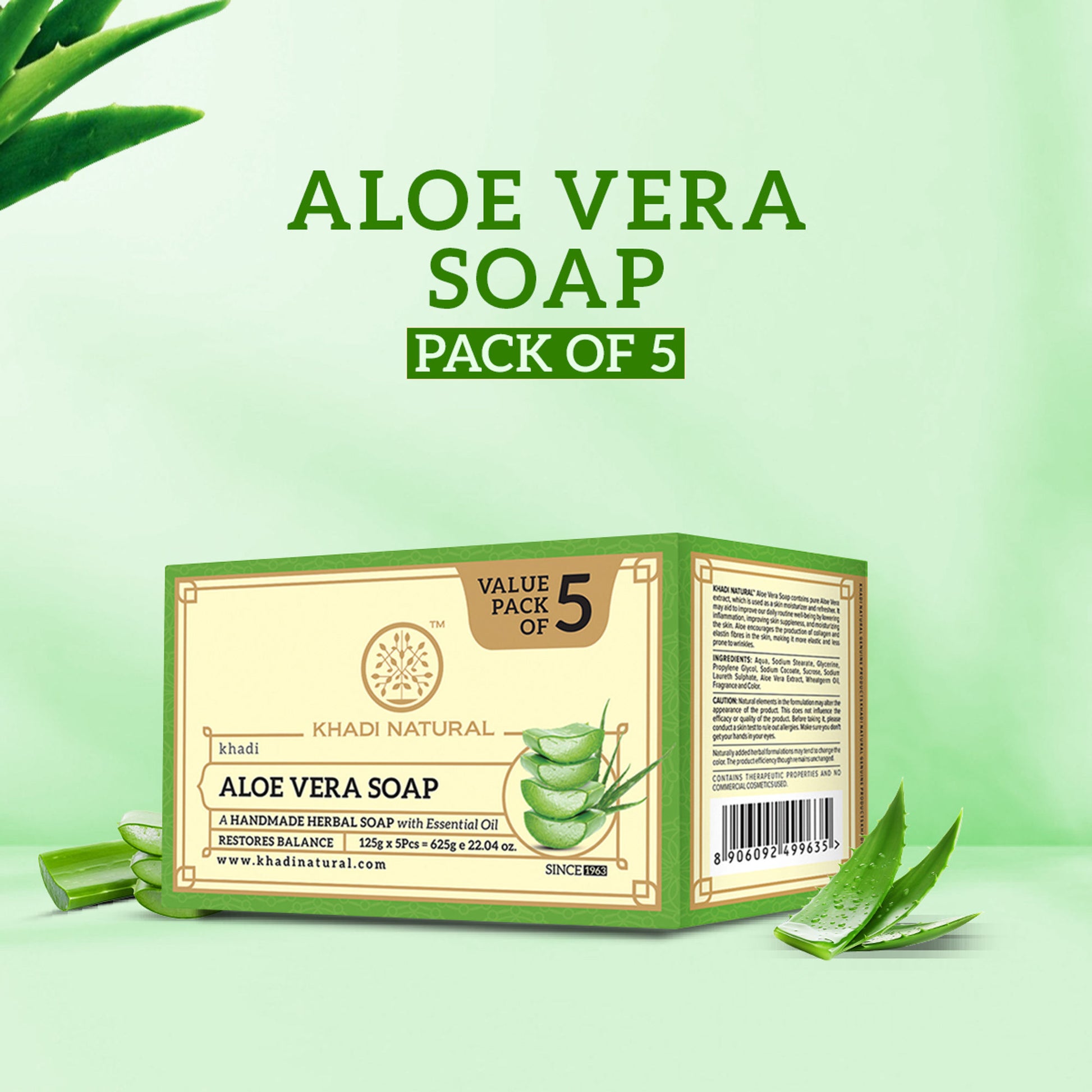 Khadi Natural Aloe Vera Handmade Soap Cleanse, Tone & Nourish Skin Pack of 5