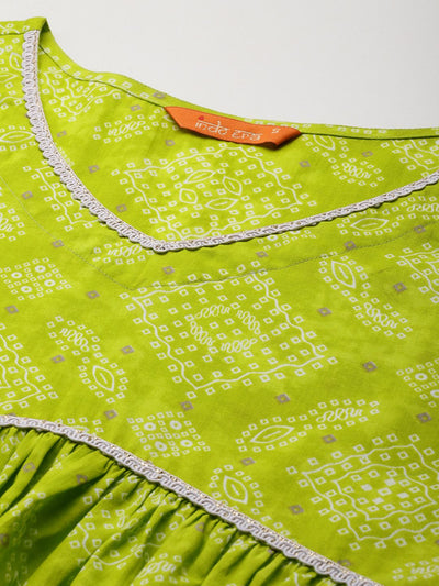 Indyancart IE Women Bandhani Printed Empire Thread Work Pure Cotton Kurta with Trousers & With Dupatta