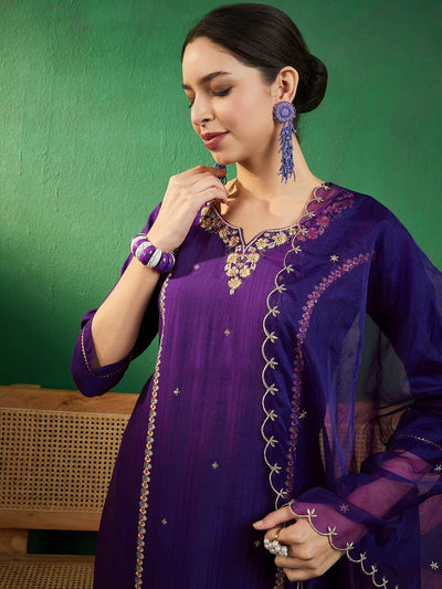 Indyancart SN Women's Purple & Gold Toned Zari Embroidered Straight Kurta With Trouser & Dupatta