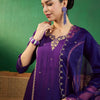 Dhiyona SN Women's Purple & Gold Toned Zari Embroidered Straight Kurta With Trouser & Dupatta