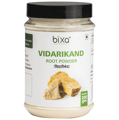 Bixa Botanical Vidarikand Powder, Ayurvedic herbal powder with dried Vidarikand roots for health and wellness.