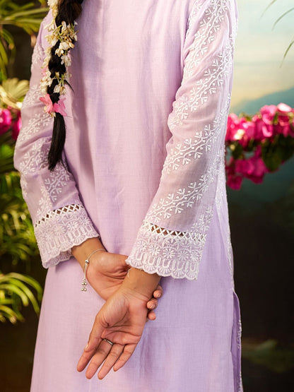 Women Solid Embroidered Cotton Kurta with Trousers & Dupatta
