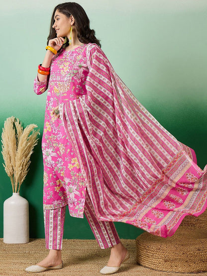 Indyancart SN Women's Printed Pure Cotton Straight Kurta With Trousers & Dupatta