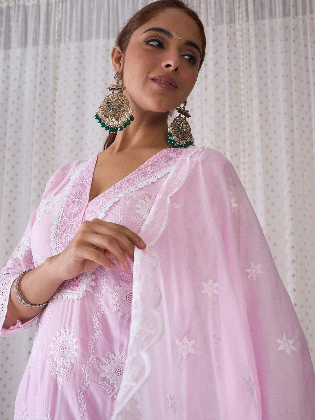 Floral Embroidered V-Neck Pure Cotton Kurta with Trousers & Dupatta