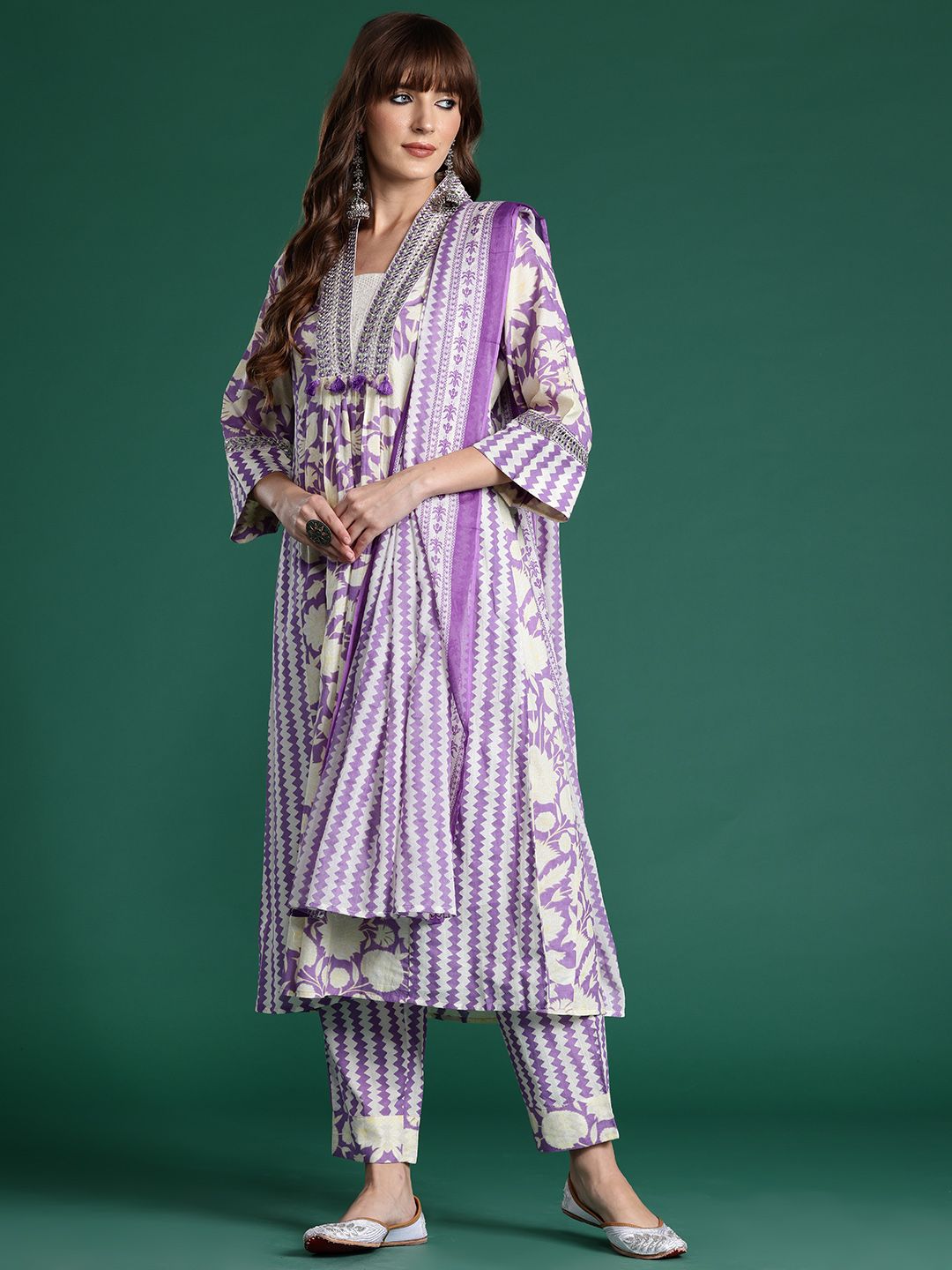 Indyancart IE Floral Printed Panelled Mirror Work Pure Cotton Kurta With Trousers & Dupatta