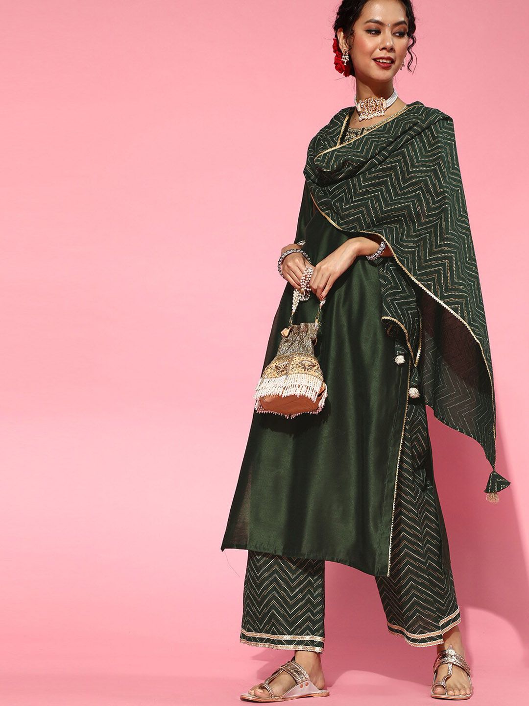 Indyancart IE Green Ethnic Motifs Embroidered Round Neck Straight Kurta with Palazzos & Dupatta